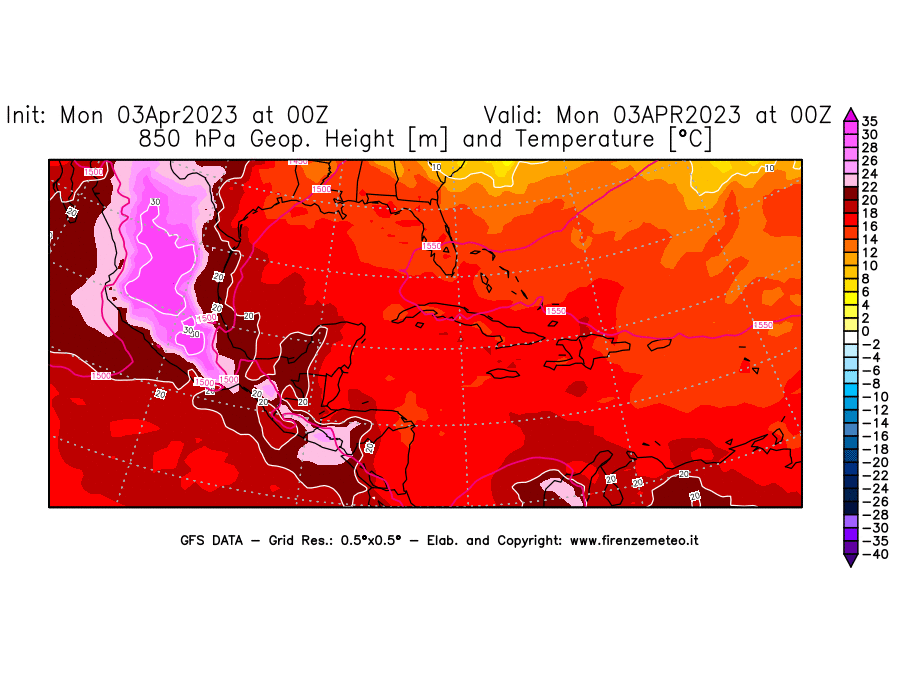Mappa di analisi GFS - Geopotenziale [m] e Temperatura [°C] a 850 hPa in Centro-America
							del 03/04/2023 00 <!--googleoff: index-->UTC<!--googleon: index-->