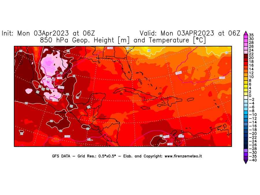 Mappa di analisi GFS - Geopotenziale [m] e Temperatura [°C] a 850 hPa in Centro-America
							del 03/04/2023 06 <!--googleoff: index-->UTC<!--googleon: index-->