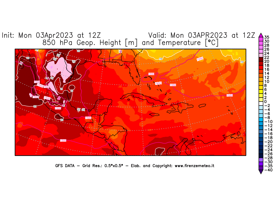 Mappa di analisi GFS - Geopotenziale [m] e Temperatura [°C] a 850 hPa in Centro-America
							del 03/04/2023 12 <!--googleoff: index-->UTC<!--googleon: index-->