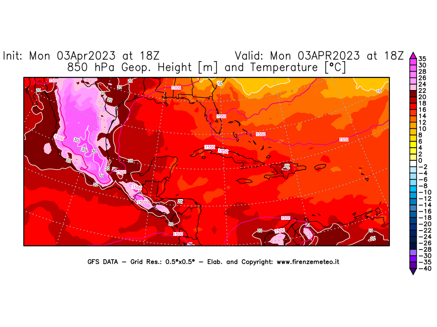 Mappa di analisi GFS - Geopotenziale [m] e Temperatura [°C] a 850 hPa in Centro-America
							del 03/04/2023 18 <!--googleoff: index-->UTC<!--googleon: index-->