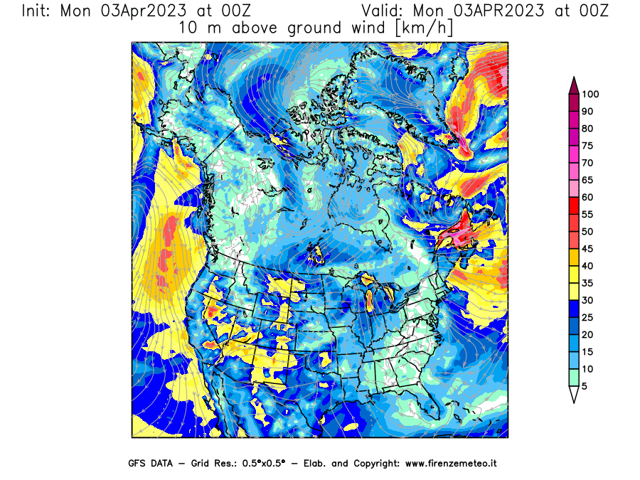 Mappa di analisi GFS - Velocità del vento a 10 metri dal suolo [km/h] in Nord-America
							del 03/04/2023 00 <!--googleoff: index-->UTC<!--googleon: index-->