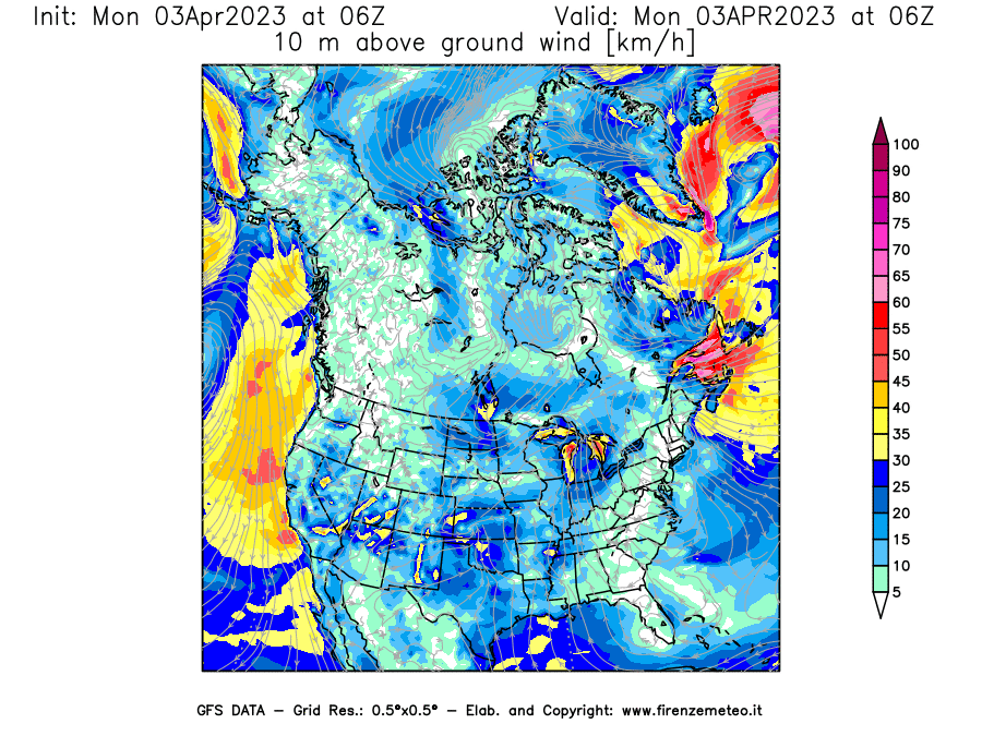 Mappa di analisi GFS - Velocità del vento a 10 metri dal suolo [km/h] in Nord-America
							del 03/04/2023 06 <!--googleoff: index-->UTC<!--googleon: index-->