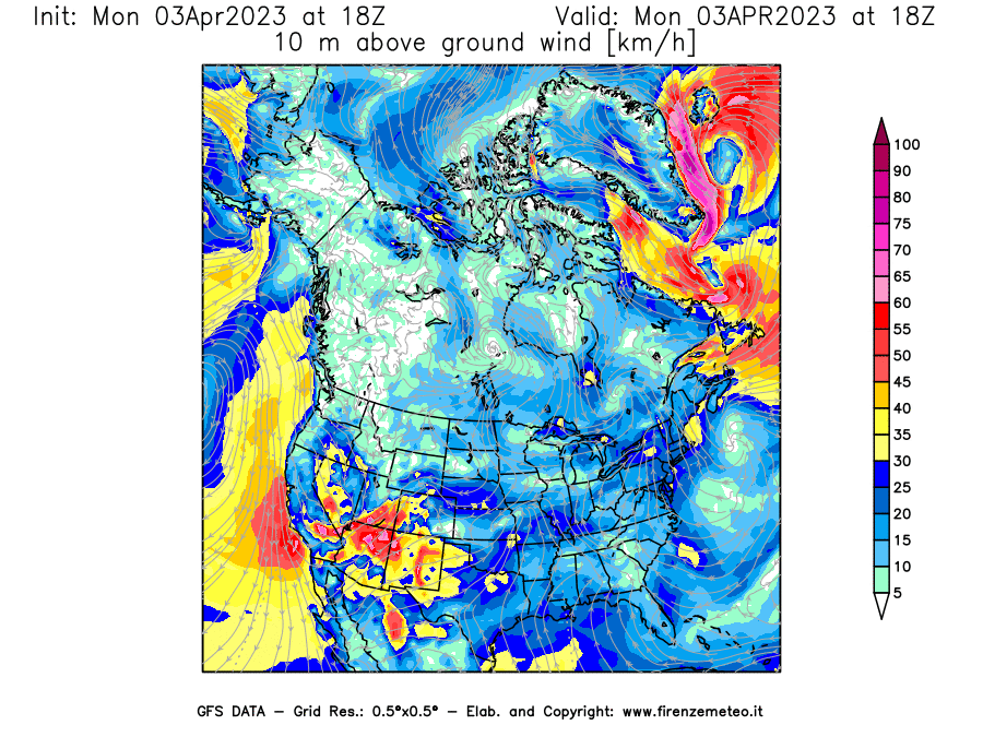 Mappa di analisi GFS - Velocità del vento a 10 metri dal suolo [km/h] in Nord-America
							del 03/04/2023 18 <!--googleoff: index-->UTC<!--googleon: index-->