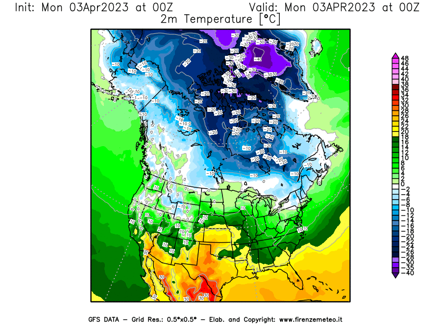 Mappa di analisi GFS - Temperatura a 2 metri dal suolo [°C] in Nord-America
							del 03/04/2023 00 <!--googleoff: index-->UTC<!--googleon: index-->
