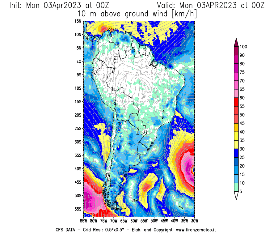 Mappa di analisi GFS - Velocità del vento a 10 metri dal suolo [km/h] in Sud-America
							del 03/04/2023 00 <!--googleoff: index-->UTC<!--googleon: index-->