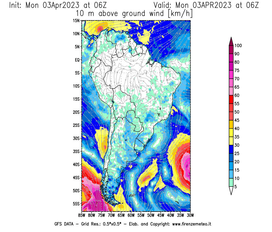 Mappa di analisi GFS - Velocità del vento a 10 metri dal suolo [km/h] in Sud-America
							del 03/04/2023 06 <!--googleoff: index-->UTC<!--googleon: index-->