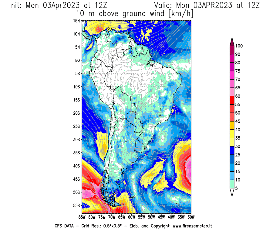 Mappa di analisi GFS - Velocità del vento a 10 metri dal suolo [km/h] in Sud-America
							del 03/04/2023 12 <!--googleoff: index-->UTC<!--googleon: index-->