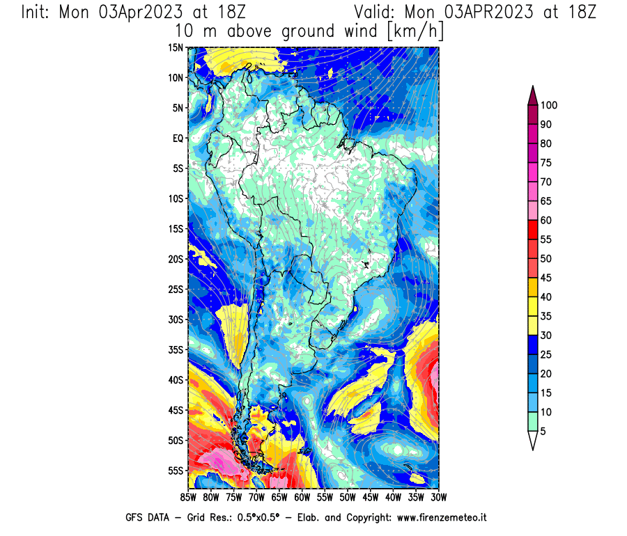 Mappa di analisi GFS - Velocità del vento a 10 metri dal suolo [km/h] in Sud-America
							del 03/04/2023 18 <!--googleoff: index-->UTC<!--googleon: index-->