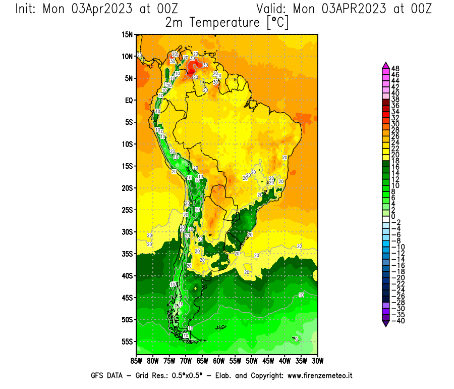 Mappa di analisi GFS - Temperatura a 2 metri dal suolo [°C] in Sud-America
							del 03/04/2023 00 <!--googleoff: index-->UTC<!--googleon: index-->