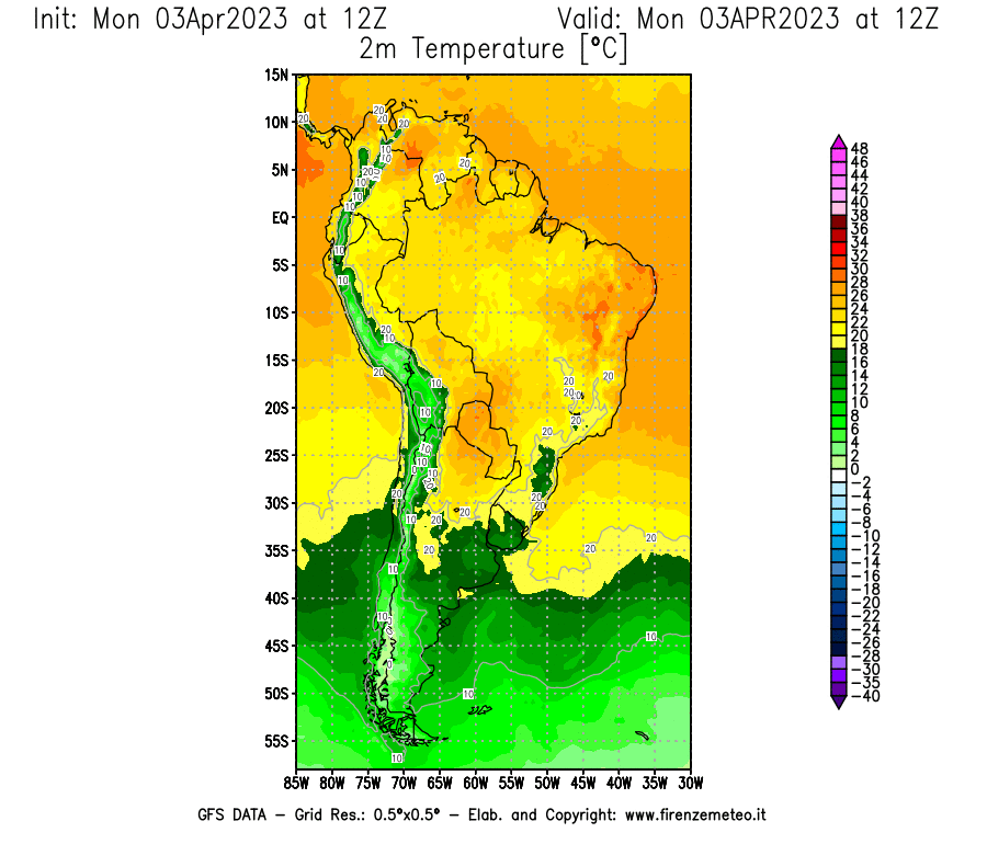 Mappa di analisi GFS - Temperatura a 2 metri dal suolo [°C] in Sud-America
							del 03/04/2023 12 <!--googleoff: index-->UTC<!--googleon: index-->