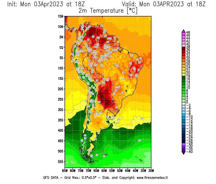 Mappa di analisi GFS - Temperatura a 2 metri dal suolo [°C] in Sud-America
							del 03/04/2023 18 <!--googleoff: index-->UTC<!--googleon: index-->