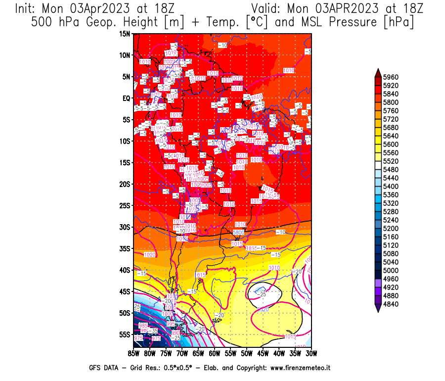 Mappa di analisi GFS - Geopotenziale [m] + Temp. [°C] a 500 hPa + Press. a livello del mare [hPa] in Sud-America
							del 03/04/2023 18 <!--googleoff: index-->UTC<!--googleon: index-->