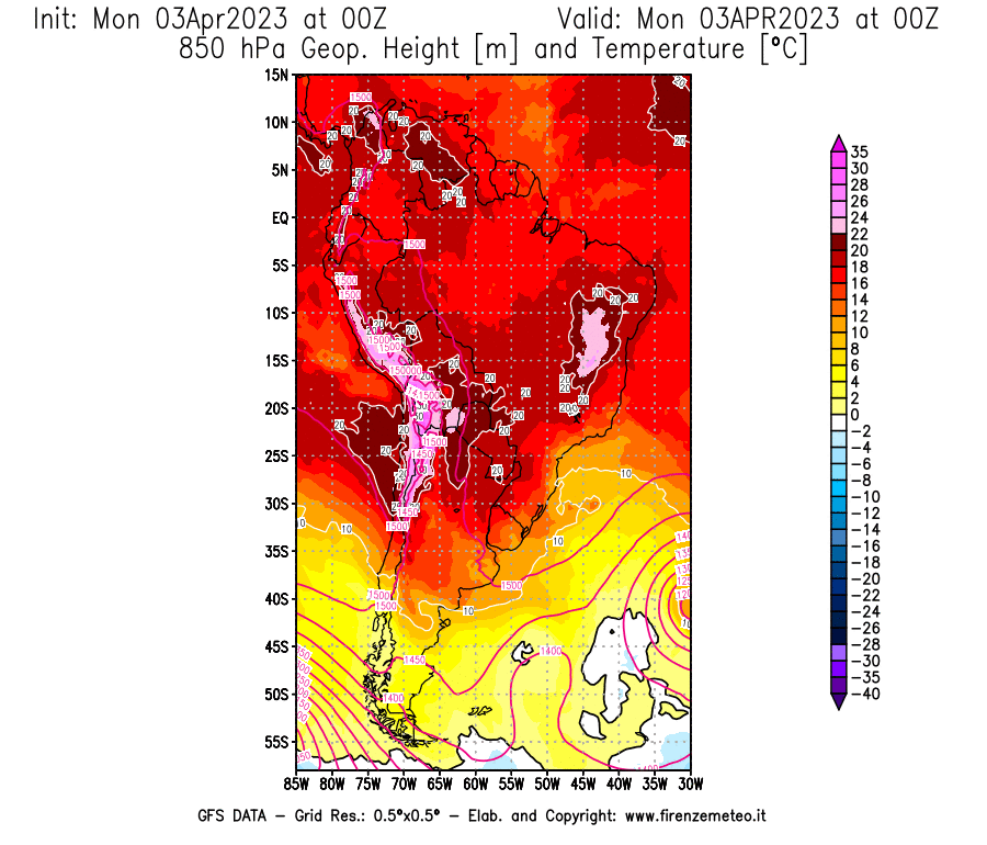 Mappa di analisi GFS - Geopotenziale [m] e Temperatura [°C] a 850 hPa in Sud-America
							del 03/04/2023 00 <!--googleoff: index-->UTC<!--googleon: index-->