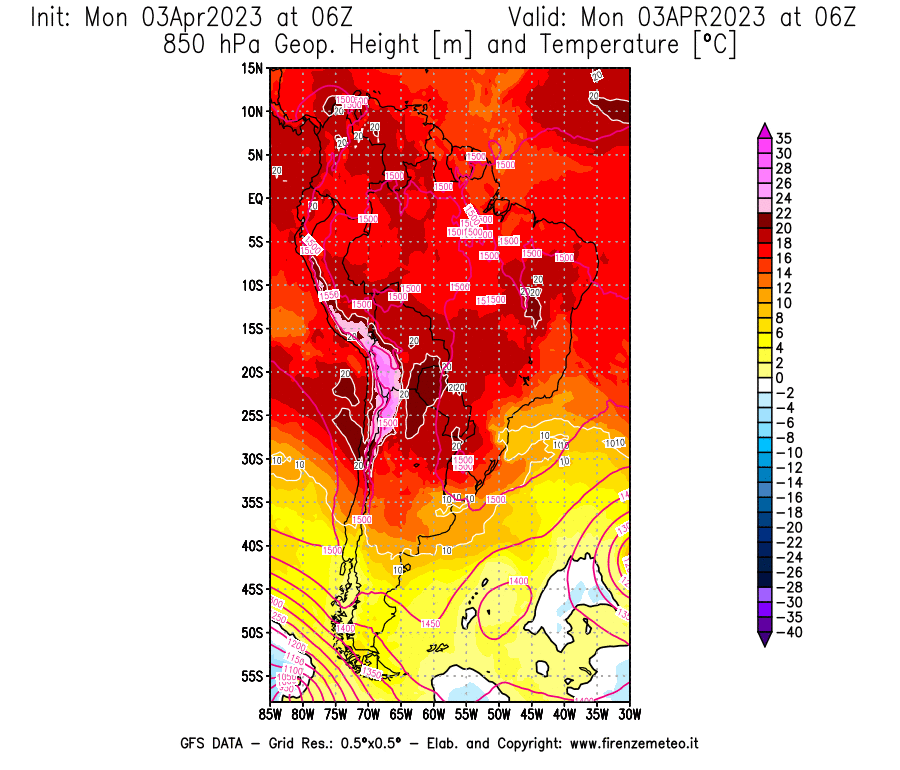 Mappa di analisi GFS - Geopotenziale [m] e Temperatura [°C] a 850 hPa in Sud-America
							del 03/04/2023 06 <!--googleoff: index-->UTC<!--googleon: index-->