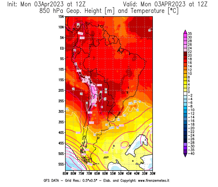 Mappa di analisi GFS - Geopotenziale [m] e Temperatura [°C] a 850 hPa in Sud-America
							del 03/04/2023 12 <!--googleoff: index-->UTC<!--googleon: index-->