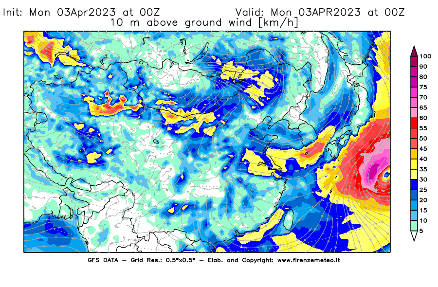 Mappa di analisi GFS - Velocità del vento a 10 metri dal suolo [km/h] in Asia Orientale
							del 03/04/2023 00 <!--googleoff: index-->UTC<!--googleon: index-->