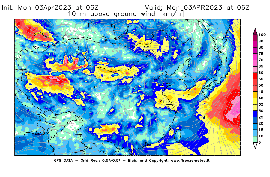 Mappa di analisi GFS - Velocità del vento a 10 metri dal suolo [km/h] in Asia Orientale
							del 03/04/2023 06 <!--googleoff: index-->UTC<!--googleon: index-->