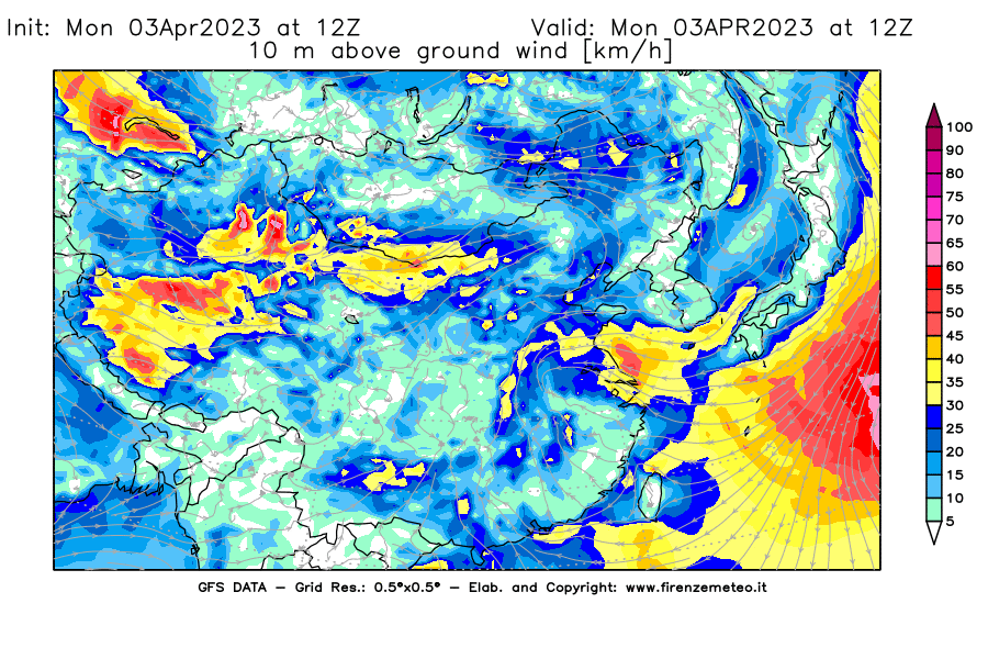 Mappa di analisi GFS - Velocità del vento a 10 metri dal suolo [km/h] in Asia Orientale
							del 03/04/2023 12 <!--googleoff: index-->UTC<!--googleon: index-->