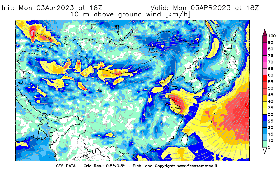 Mappa di analisi GFS - Velocità del vento a 10 metri dal suolo [km/h] in Asia Orientale
							del 03/04/2023 18 <!--googleoff: index-->UTC<!--googleon: index-->