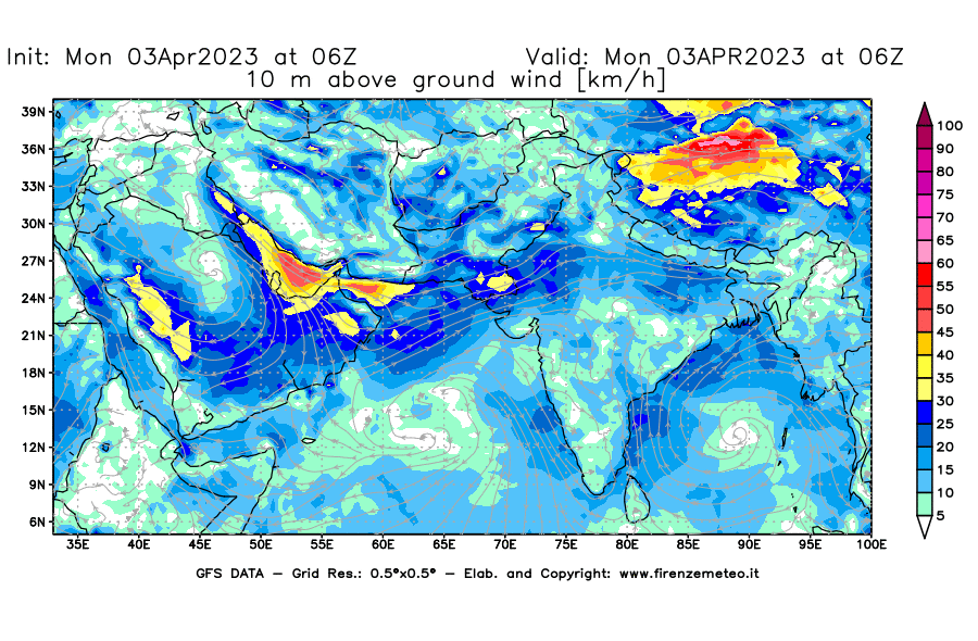 Mappa di analisi GFS - Velocità del vento a 10 metri dal suolo [km/h] in Asia Sud-Occidentale
							del 03/04/2023 06 <!--googleoff: index-->UTC<!--googleon: index-->