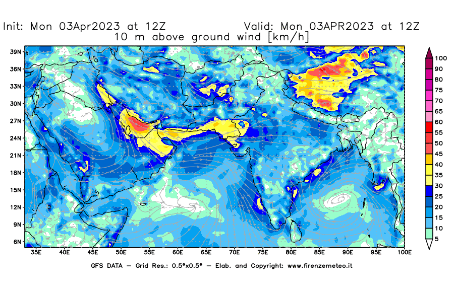 Mappa di analisi GFS - Velocità del vento a 10 metri dal suolo [km/h] in Asia Sud-Occidentale
							del 03/04/2023 12 <!--googleoff: index-->UTC<!--googleon: index-->