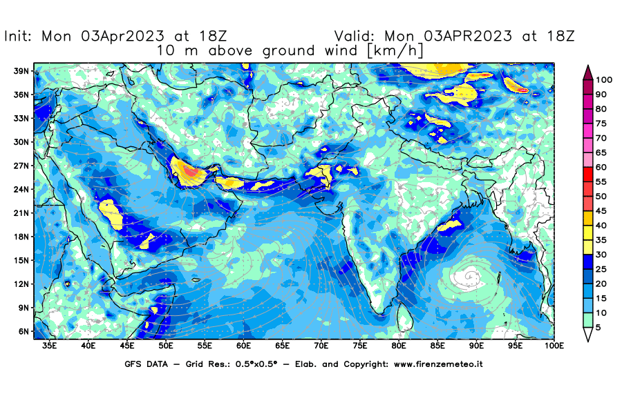 Mappa di analisi GFS - Velocità del vento a 10 metri dal suolo [km/h] in Asia Sud-Occidentale
							del 03/04/2023 18 <!--googleoff: index-->UTC<!--googleon: index-->