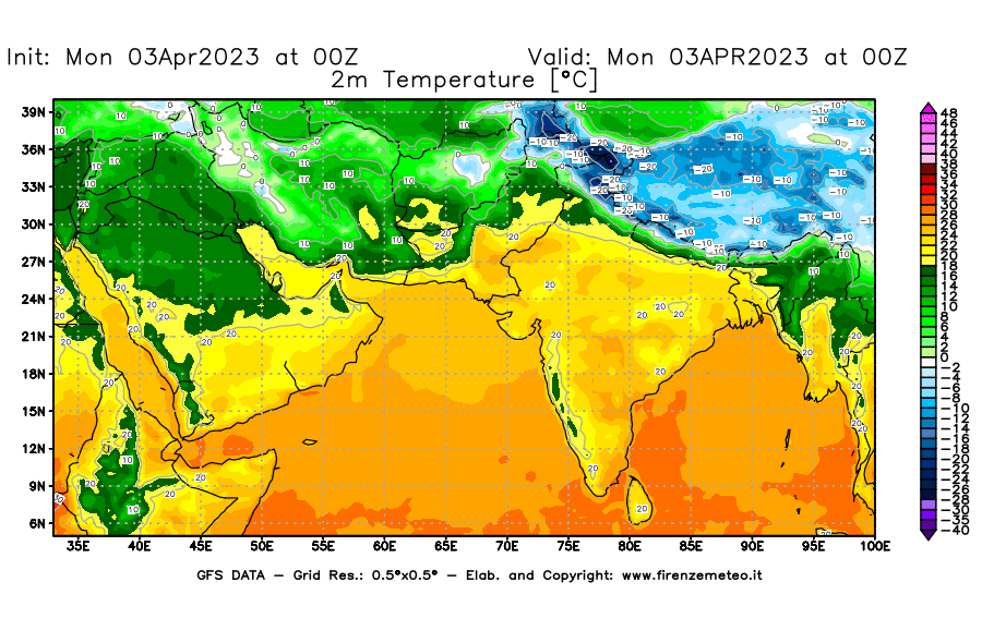Mappa di analisi GFS - Temperatura a 2 metri dal suolo [°C] in Asia Sud-Occidentale
							del 03/04/2023 00 <!--googleoff: index-->UTC<!--googleon: index-->
