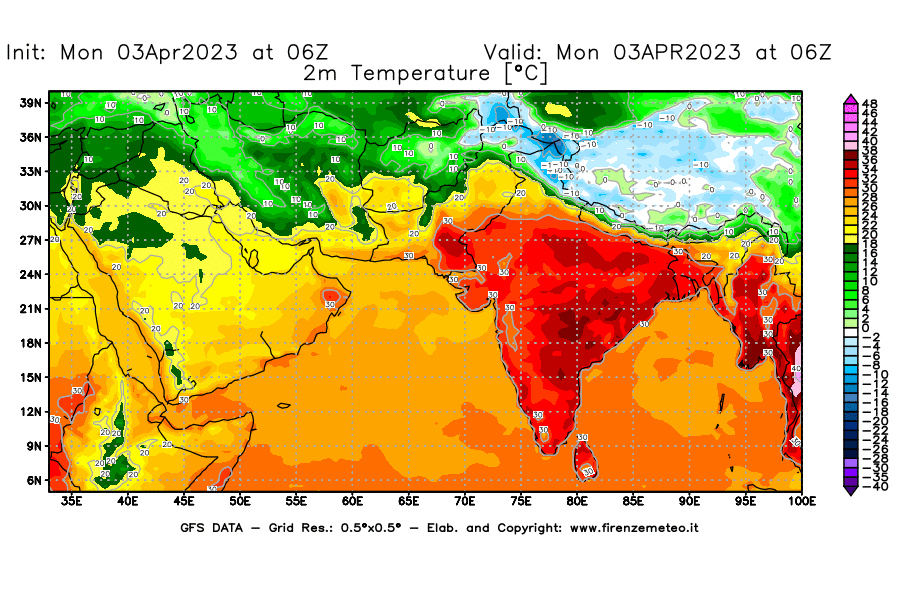 Mappa di analisi GFS - Temperatura a 2 metri dal suolo [°C] in Asia Sud-Occidentale
							del 03/04/2023 06 <!--googleoff: index-->UTC<!--googleon: index-->