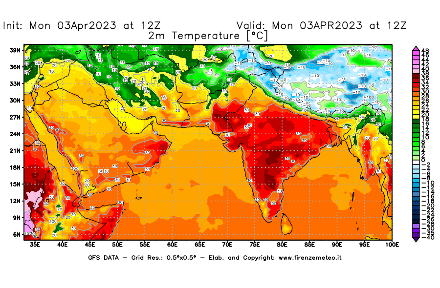 Mappa di analisi GFS - Temperatura a 2 metri dal suolo [°C] in Asia Sud-Occidentale
							del 03/04/2023 12 <!--googleoff: index-->UTC<!--googleon: index-->