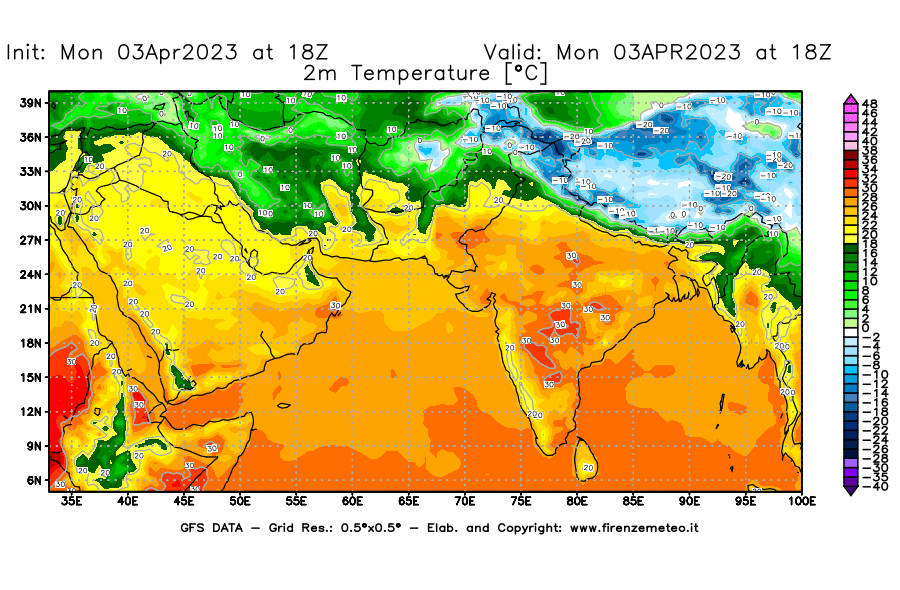 Mappa di analisi GFS - Temperatura a 2 metri dal suolo [°C] in Asia Sud-Occidentale
							del 03/04/2023 18 <!--googleoff: index-->UTC<!--googleon: index-->
