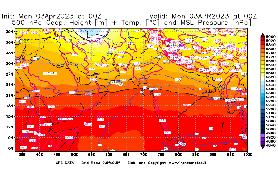 Mappa di analisi GFS - Geopotenziale [m] + Temp. [°C] a 500 hPa + Press. a livello del mare [hPa] in Asia Sud-Occidentale
							del 03/04/2023 00 <!--googleoff: index-->UTC<!--googleon: index-->