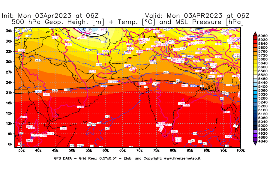 Mappa di analisi GFS - Geopotenziale [m] + Temp. [°C] a 500 hPa + Press. a livello del mare [hPa] in Asia Sud-Occidentale
							del 03/04/2023 06 <!--googleoff: index-->UTC<!--googleon: index-->