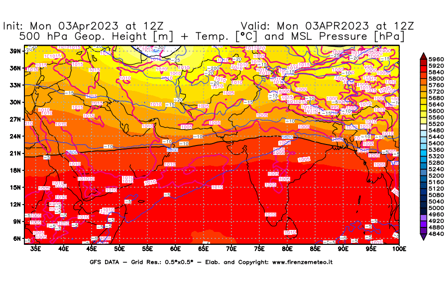 Mappa di analisi GFS - Geopotenziale [m] + Temp. [°C] a 500 hPa + Press. a livello del mare [hPa] in Asia Sud-Occidentale
							del 03/04/2023 12 <!--googleoff: index-->UTC<!--googleon: index-->