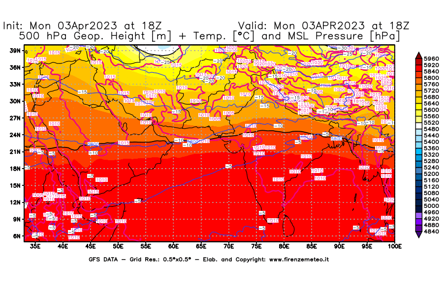 Mappa di analisi GFS - Geopotenziale [m] + Temp. [°C] a 500 hPa + Press. a livello del mare [hPa] in Asia Sud-Occidentale
							del 03/04/2023 18 <!--googleoff: index-->UTC<!--googleon: index-->