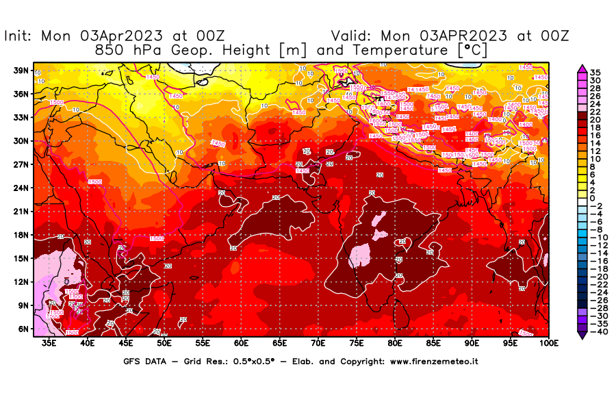 Mappa di analisi GFS - Geopotenziale [m] e Temperatura [°C] a 850 hPa in Asia Sud-Occidentale
							del 03/04/2023 00 <!--googleoff: index-->UTC<!--googleon: index-->