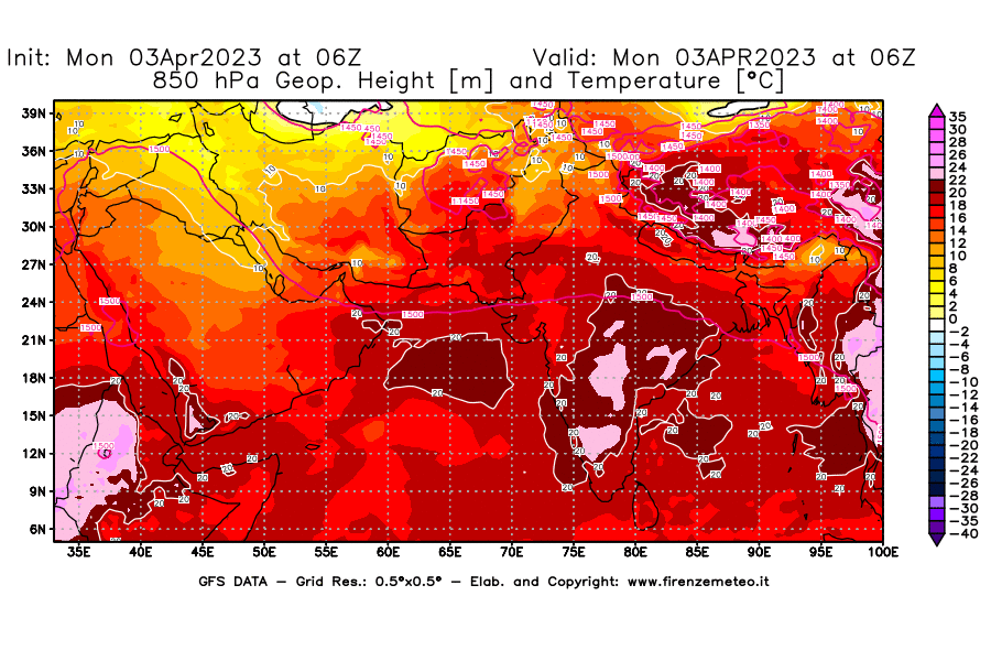 Mappa di analisi GFS - Geopotenziale [m] e Temperatura [°C] a 850 hPa in Asia Sud-Occidentale
							del 03/04/2023 06 <!--googleoff: index-->UTC<!--googleon: index-->