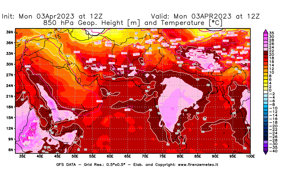 Mappa di analisi GFS - Geopotenziale [m] e Temperatura [°C] a 850 hPa in Asia Sud-Occidentale
							del 03/04/2023 12 <!--googleoff: index-->UTC<!--googleon: index-->