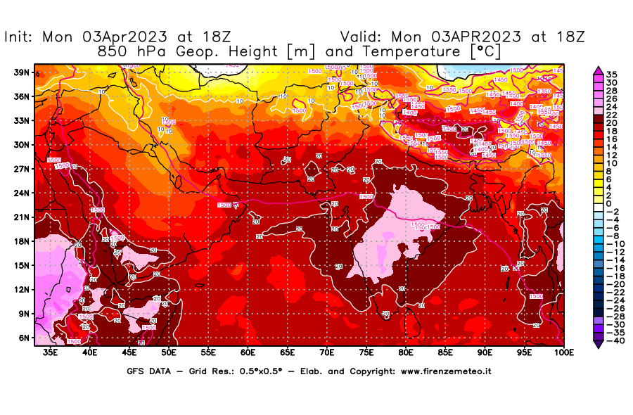 Mappa di analisi GFS - Geopotenziale [m] e Temperatura [°C] a 850 hPa in Asia Sud-Occidentale
							del 03/04/2023 18 <!--googleoff: index-->UTC<!--googleon: index-->