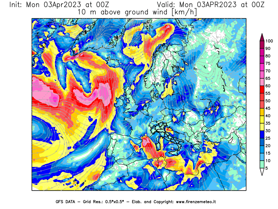 Mappa di analisi GFS - Velocità del vento a 10 metri dal suolo [km/h] in Europa
							del 03/04/2023 00 <!--googleoff: index-->UTC<!--googleon: index-->