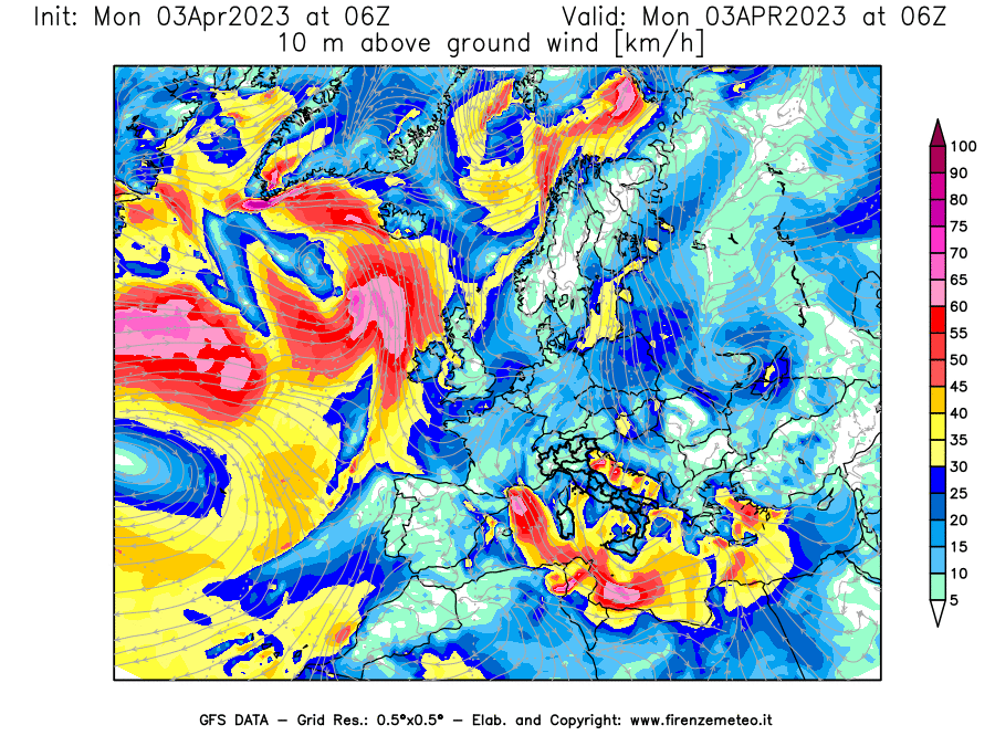 Mappa di analisi GFS - Velocità del vento a 10 metri dal suolo [km/h] in Europa
							del 03/04/2023 06 <!--googleoff: index-->UTC<!--googleon: index-->