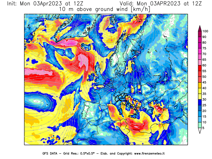 Mappa di analisi GFS - Velocità del vento a 10 metri dal suolo [km/h] in Europa
							del 03/04/2023 12 <!--googleoff: index-->UTC<!--googleon: index-->