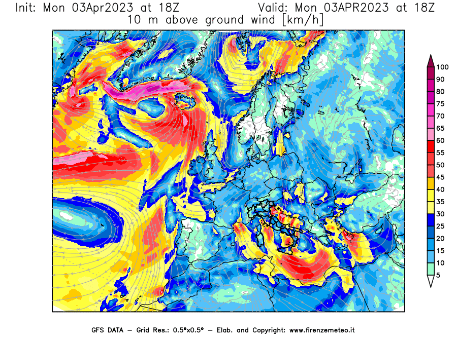 Mappa di analisi GFS - Velocità del vento a 10 metri dal suolo [km/h] in Europa
							del 03/04/2023 18 <!--googleoff: index-->UTC<!--googleon: index-->