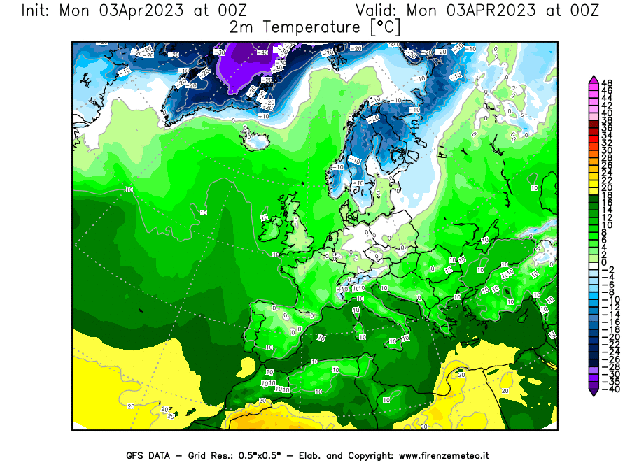 Mappa di analisi GFS - Temperatura a 2 metri dal suolo [°C] in Europa
							del 03/04/2023 00 <!--googleoff: index-->UTC<!--googleon: index-->