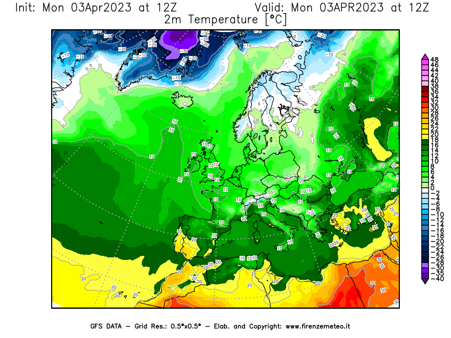Mappa di analisi GFS - Temperatura a 2 metri dal suolo [°C] in Europa
							del 03/04/2023 12 <!--googleoff: index-->UTC<!--googleon: index-->