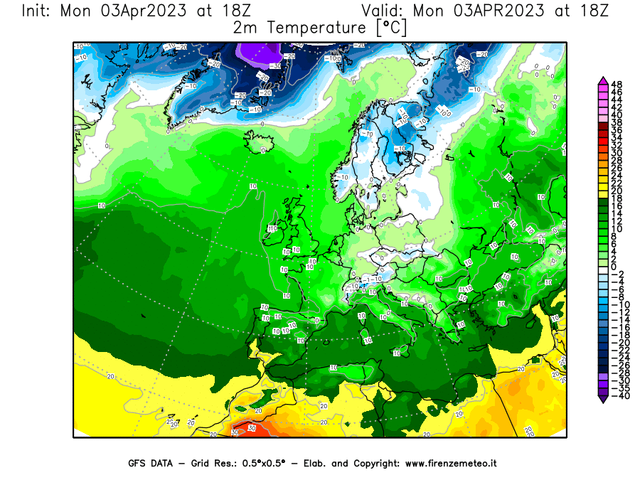 Mappa di analisi GFS - Temperatura a 2 metri dal suolo [°C] in Europa
							del 03/04/2023 18 <!--googleoff: index-->UTC<!--googleon: index-->