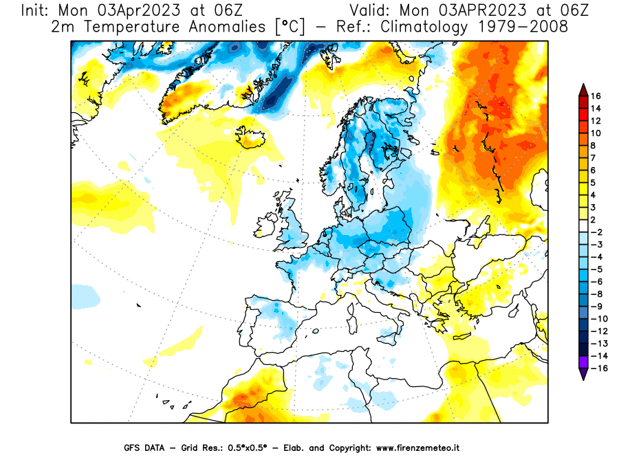 Mappa di analisi GFS - Anomalia Temperatura [°C] a 2 m in Europa
							del 03/04/2023 06 <!--googleoff: index-->UTC<!--googleon: index-->