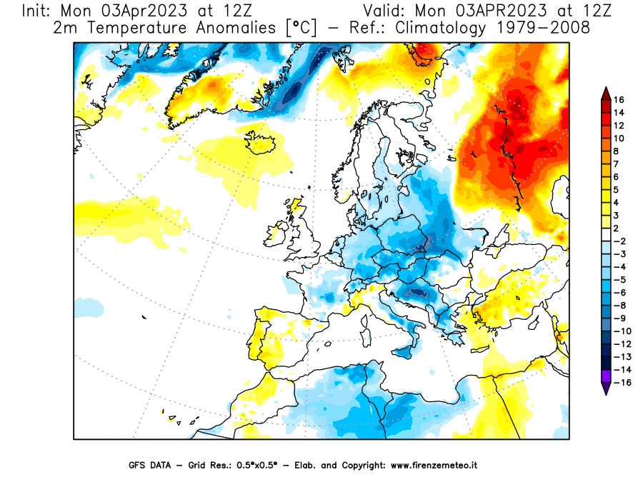 Mappa di analisi GFS - Anomalia Temperatura [°C] a 2 m in Europa
							del 03/04/2023 12 <!--googleoff: index-->UTC<!--googleon: index-->