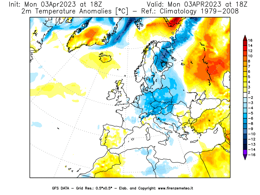Mappa di analisi GFS - Anomalia Temperatura [°C] a 2 m in Europa
							del 03/04/2023 18 <!--googleoff: index-->UTC<!--googleon: index-->