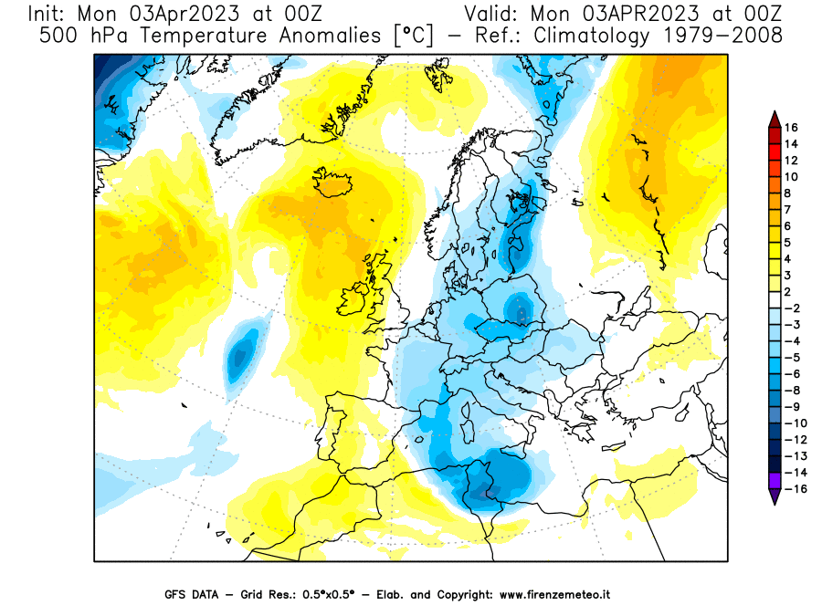 Mappa di analisi GFS - Anomalia Temperatura [°C] a 500 hPa in Europa
							del 03/04/2023 00 <!--googleoff: index-->UTC<!--googleon: index-->