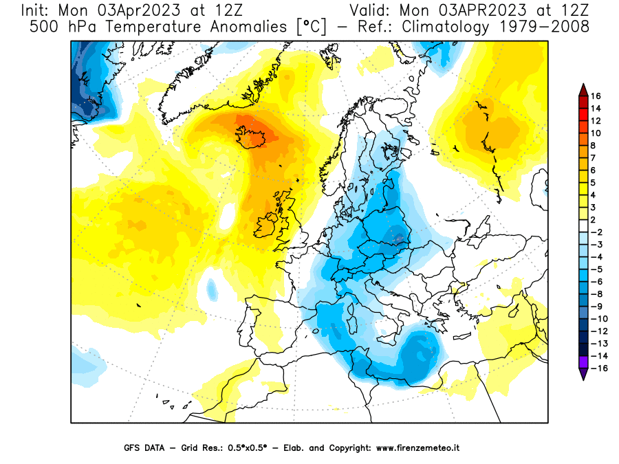 Mappa di analisi GFS - Anomalia Temperatura [°C] a 500 hPa in Europa
							del 03/04/2023 12 <!--googleoff: index-->UTC<!--googleon: index-->